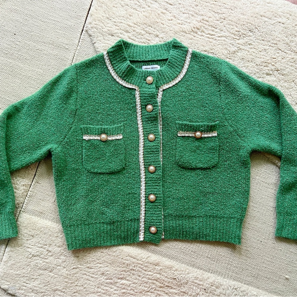 Urban Revivo Kelly Green Cardigan Sweater Gold Pearl Buttons Tennis Prep S M 4 6
